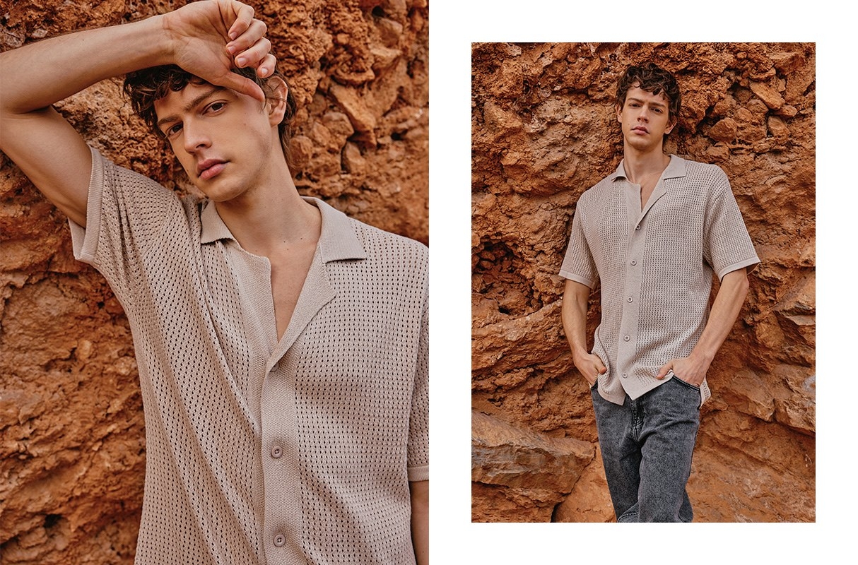 Short sleeve openwork knit t-shirt beige middle front view