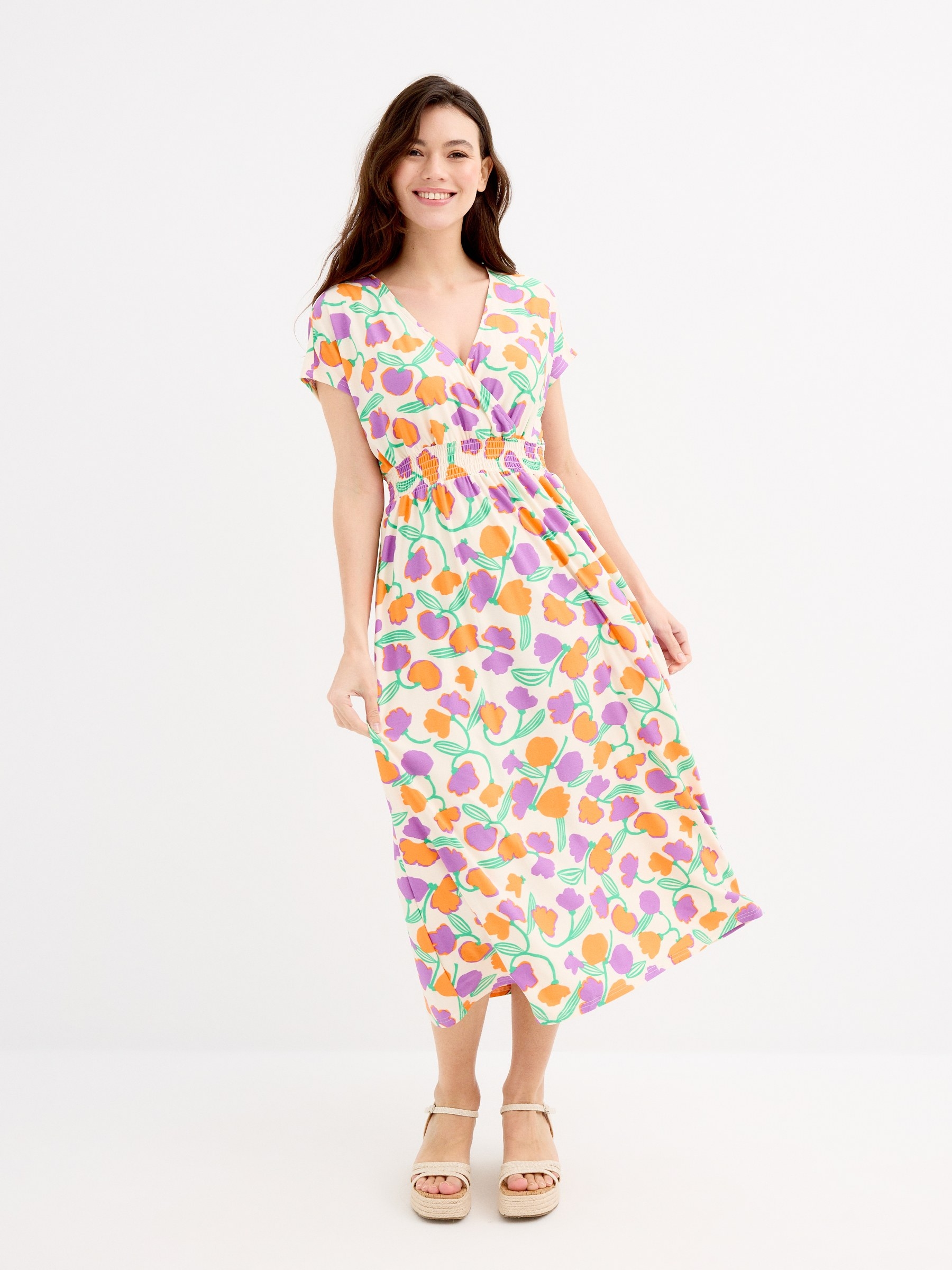 Floral midi dress sand middle front view