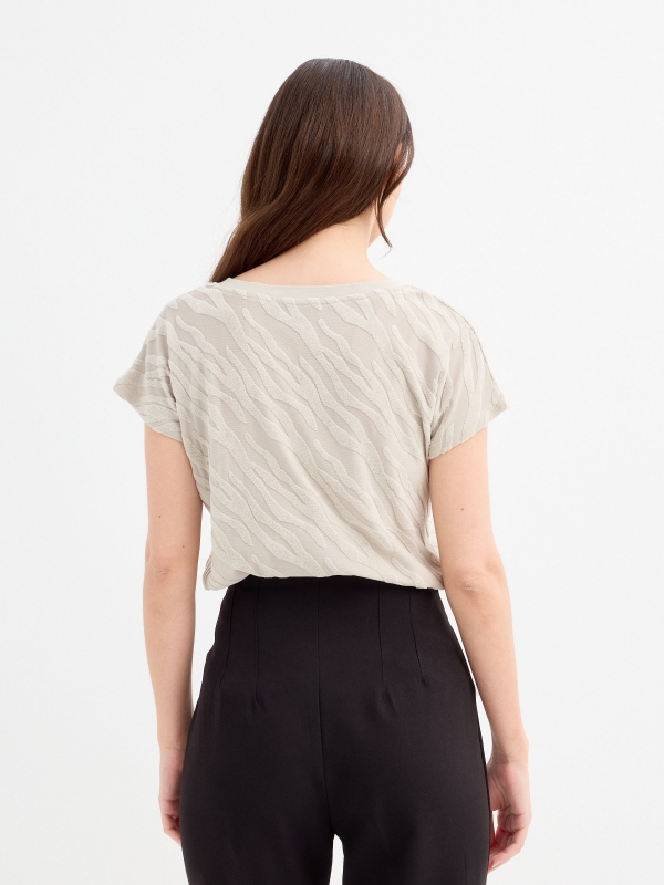 V-neck textured T-shirt taupe middle back view