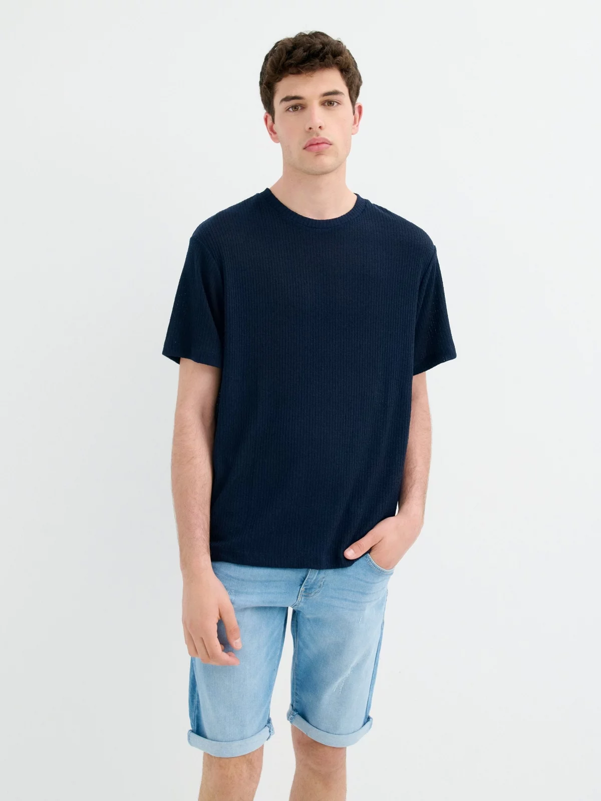 Ripped washed effect denim bermuda short blue middle front view