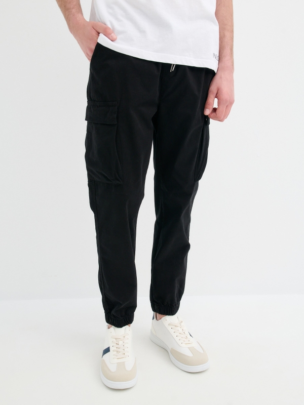 Cargo jogger pants black middle front view
