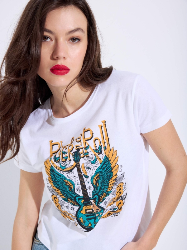 Camiseta de manga curta Rock and Roll branco vista meia traseira