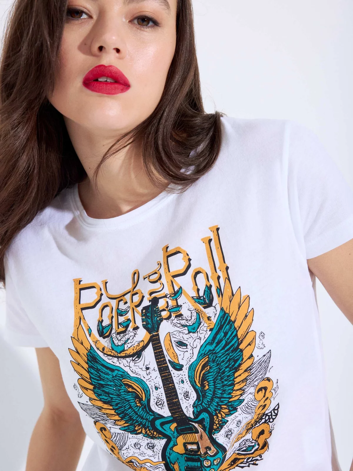 Camiseta de manga curta Rock and Roll branco vista geral frontal