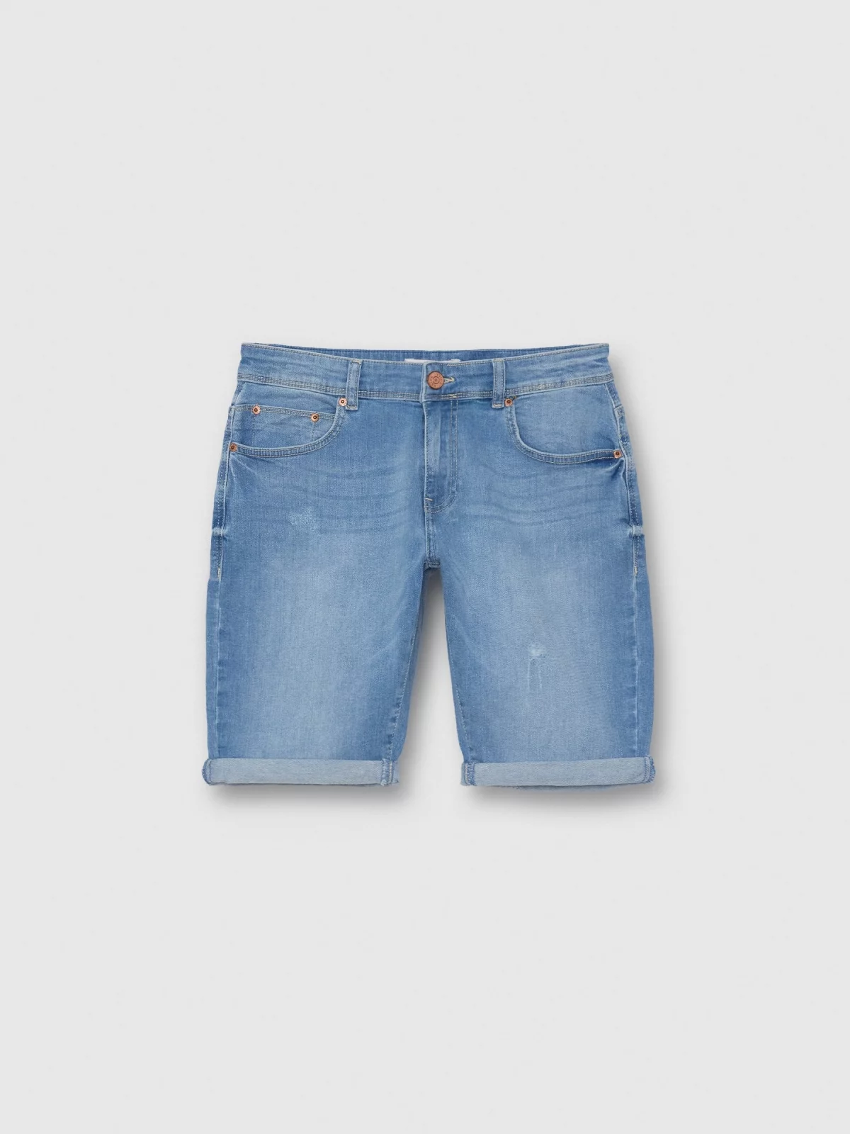  Ripped washed effect denim bermuda short blue front view