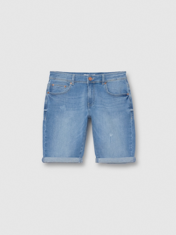  Ripped washed effect denim bermuda short blue front view