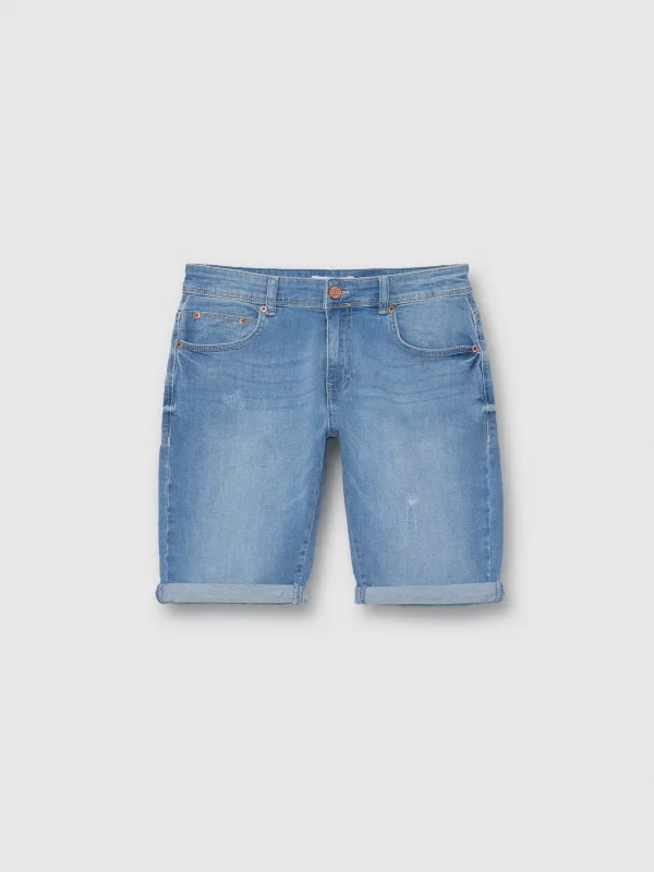  Ripped washed effect denim bermuda short blue front view