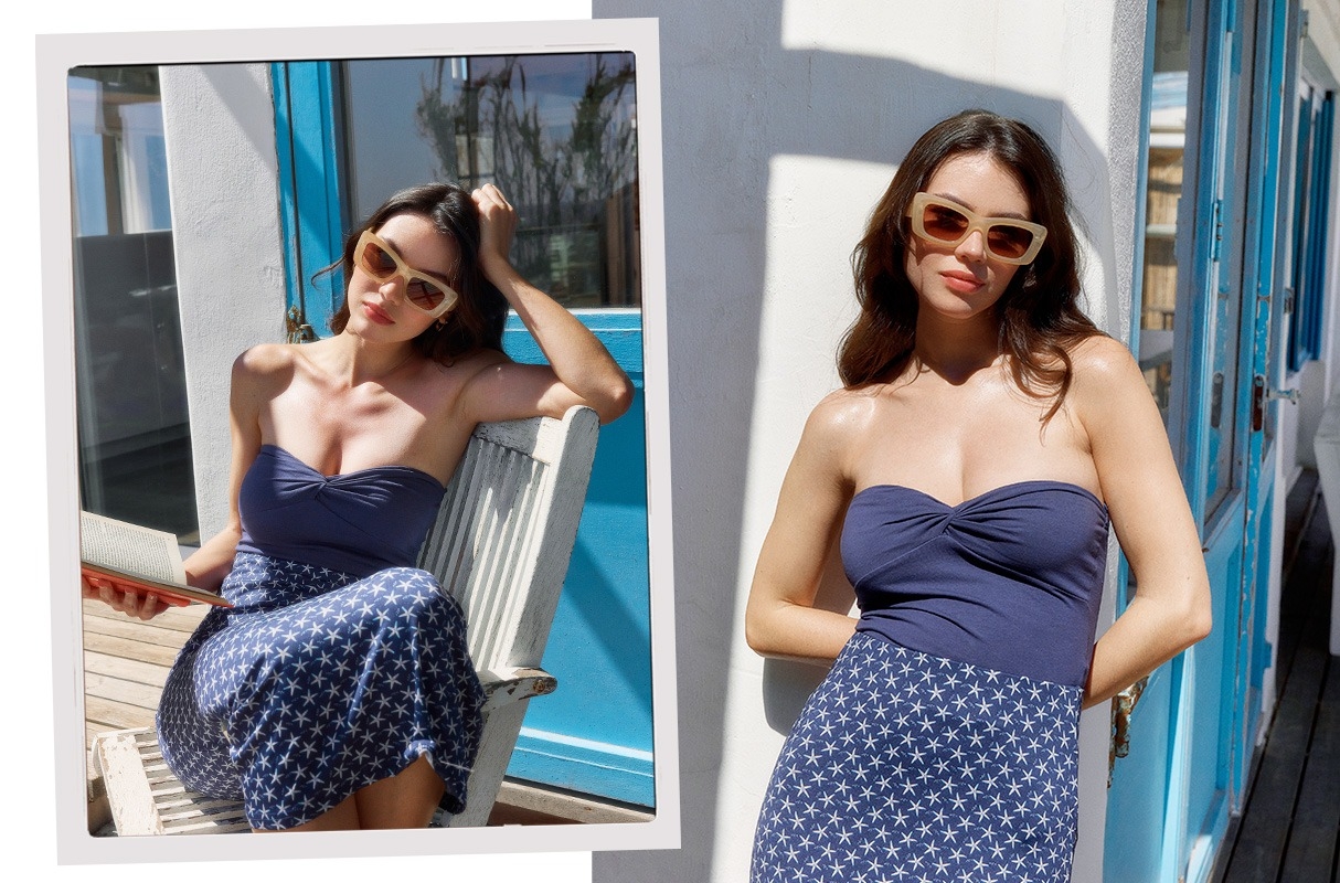 Top bandeau frunce azul marino vista media frontal
