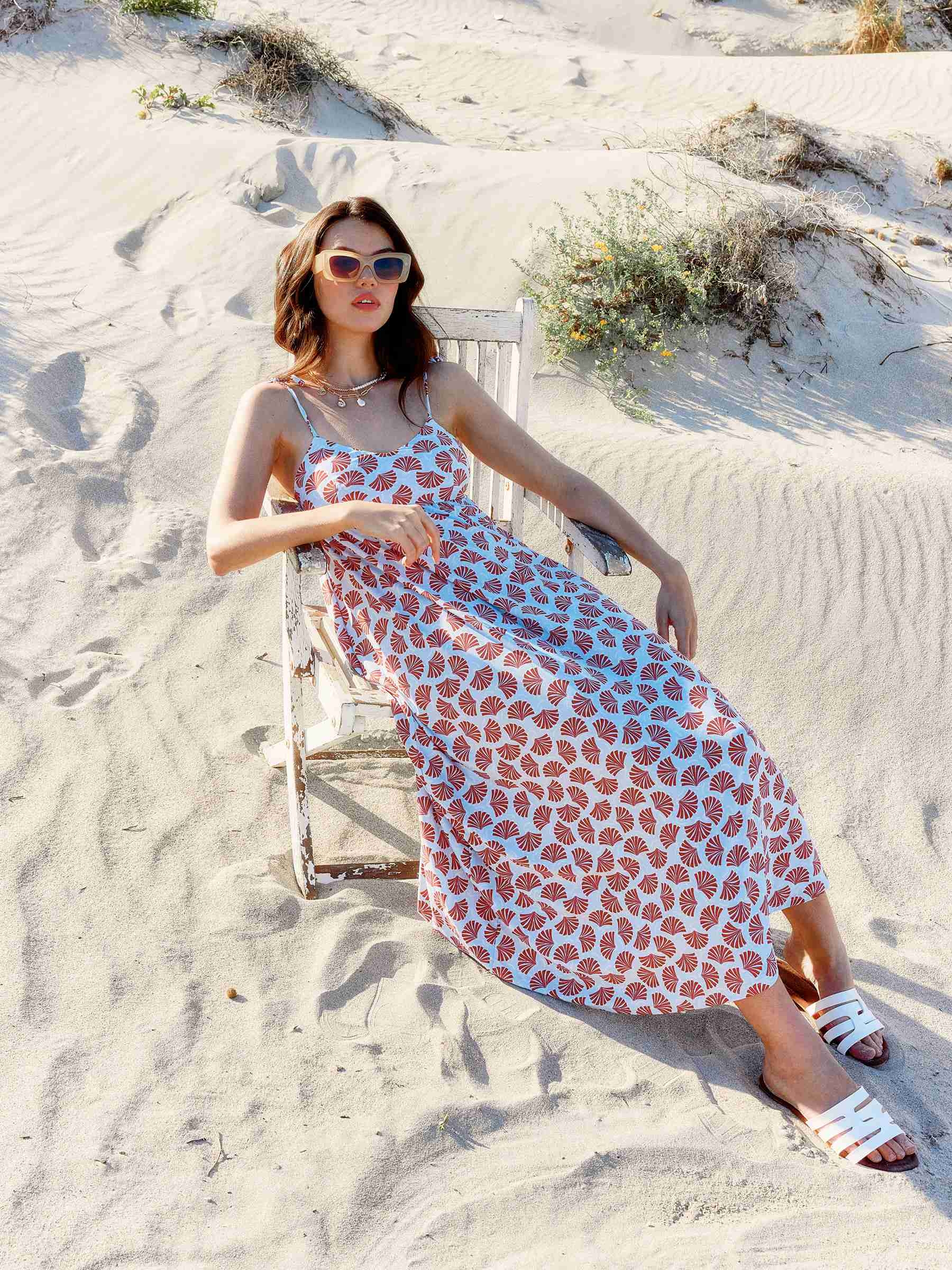 Midi dress with printed straps light blue three-quarter front view