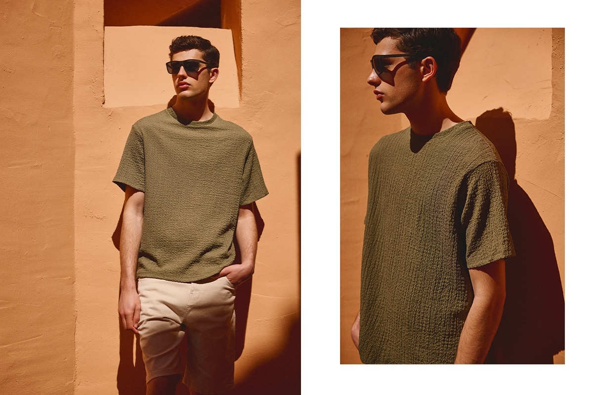 Camiseta de malha cáqui cáqui vista meia frontal