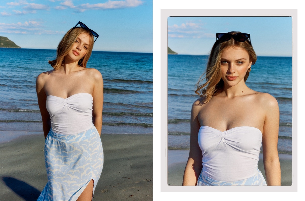 Top bandeau frunce blanco vista media frontal