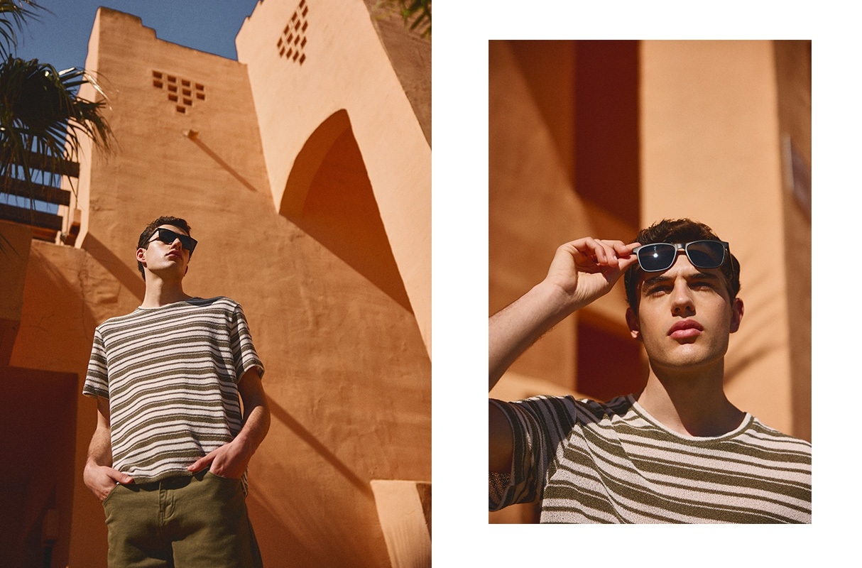Striped knit shirt khaki middle front view