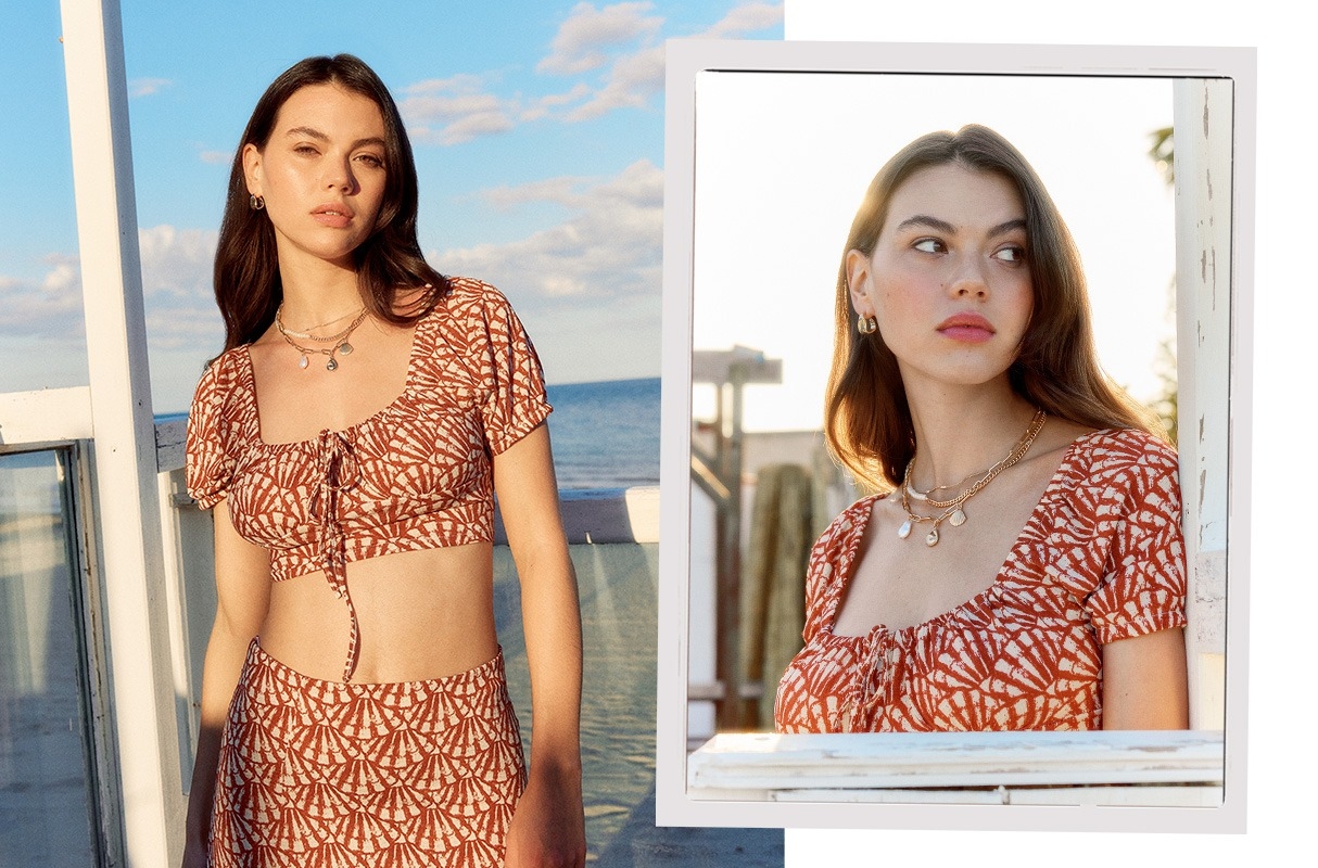 Top mesonero estampado areia vista meia frontal