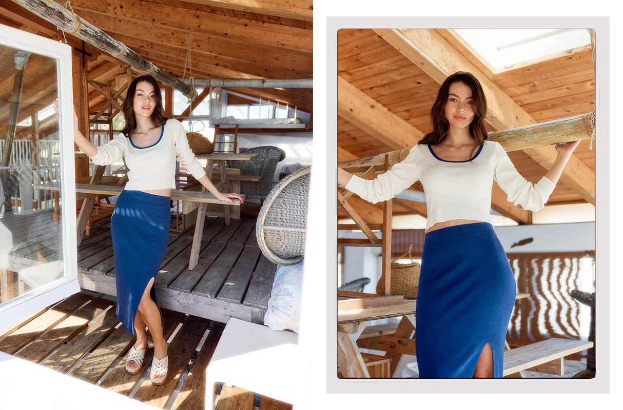 Falda midi punto azul azul marino vista media frontal