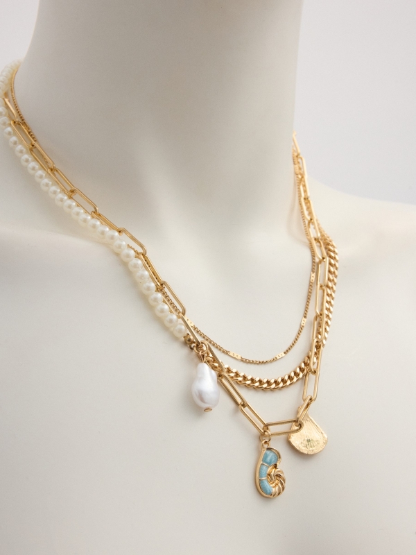 Golden multiple necklace multicolor detail view