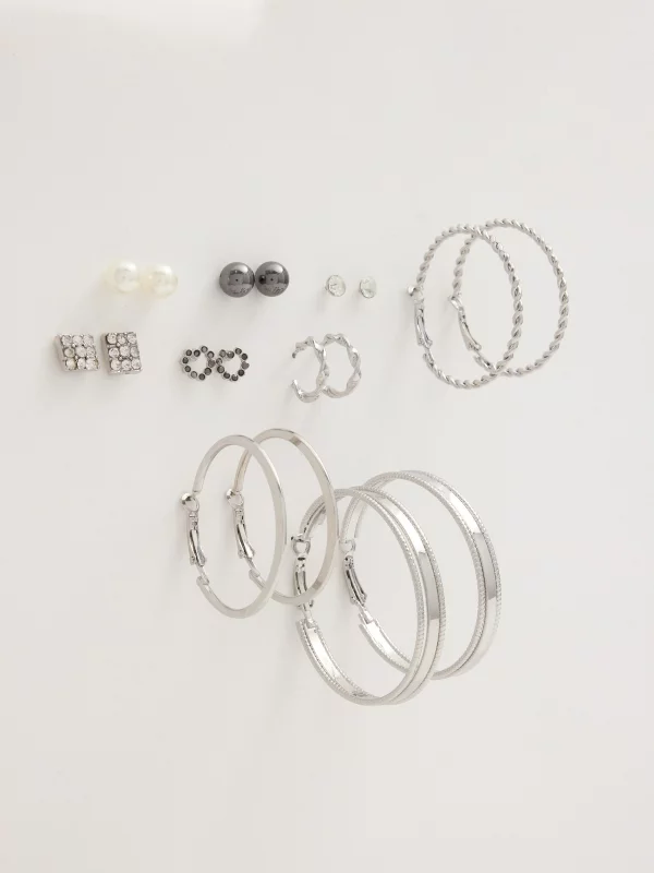 Set of 9 silver earrings multicolor general view