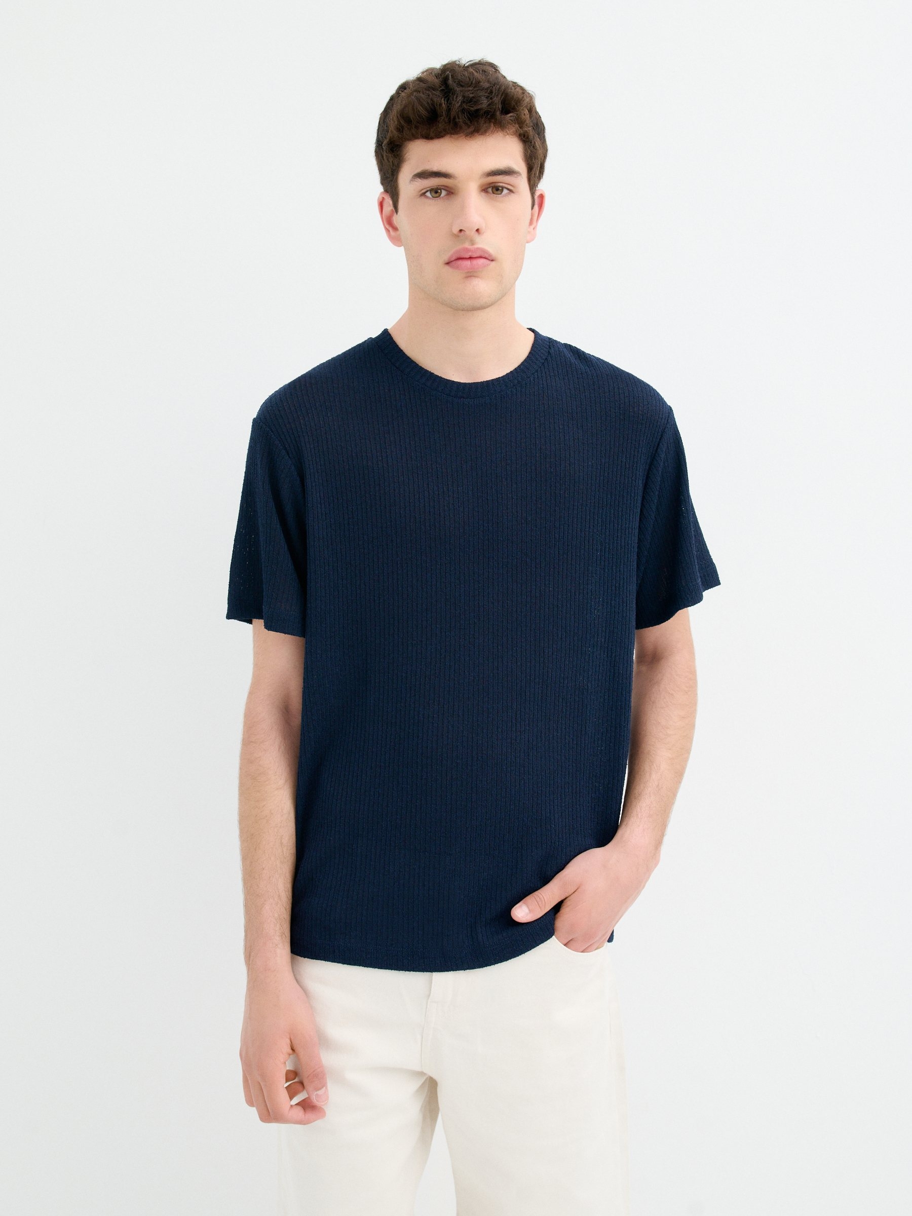 Textured knit t-shirt navy middle front view
