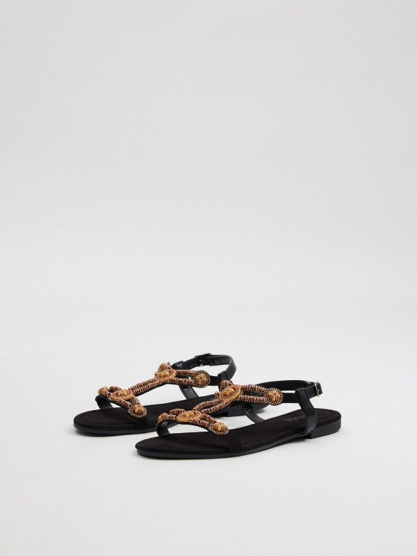 Sandalias tira pedrería negro vista frontal 45º