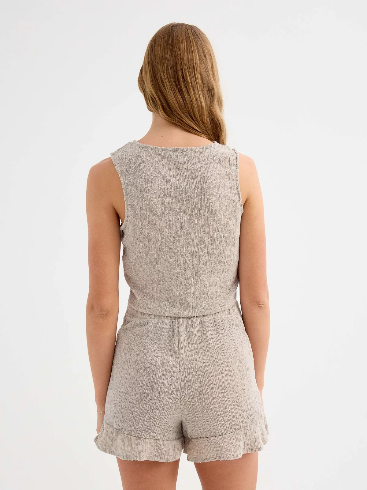 Sleeveless textured top taupe middle back view