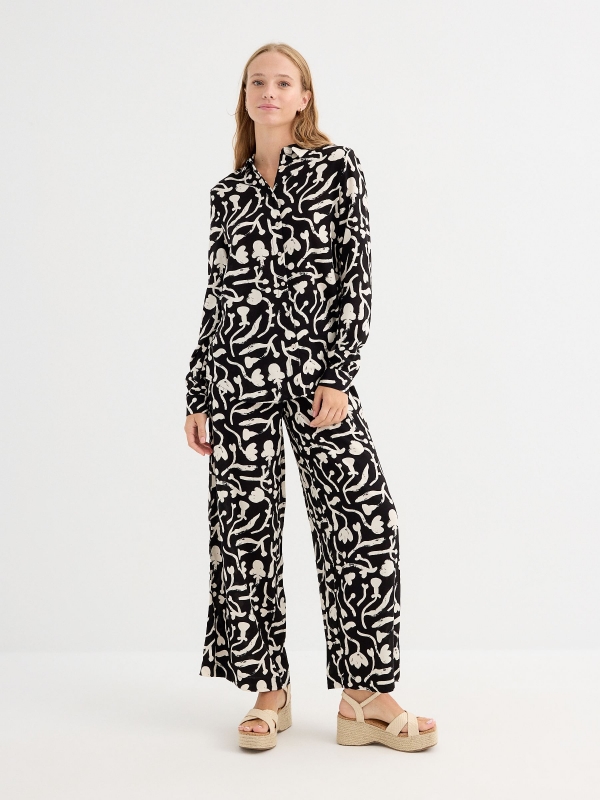 Printed wide leg pants black front view