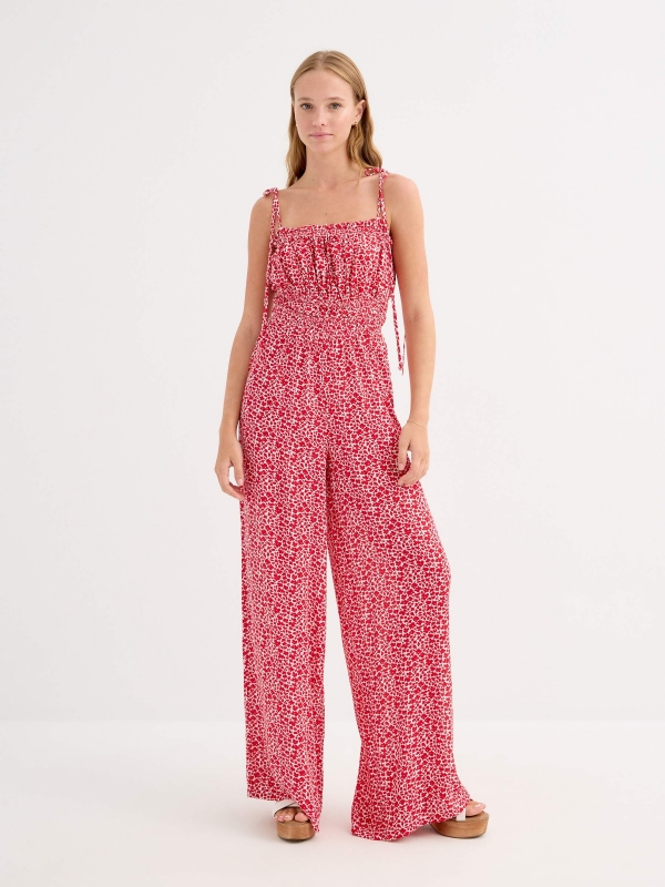 Long floral jumpsuit deep red front view