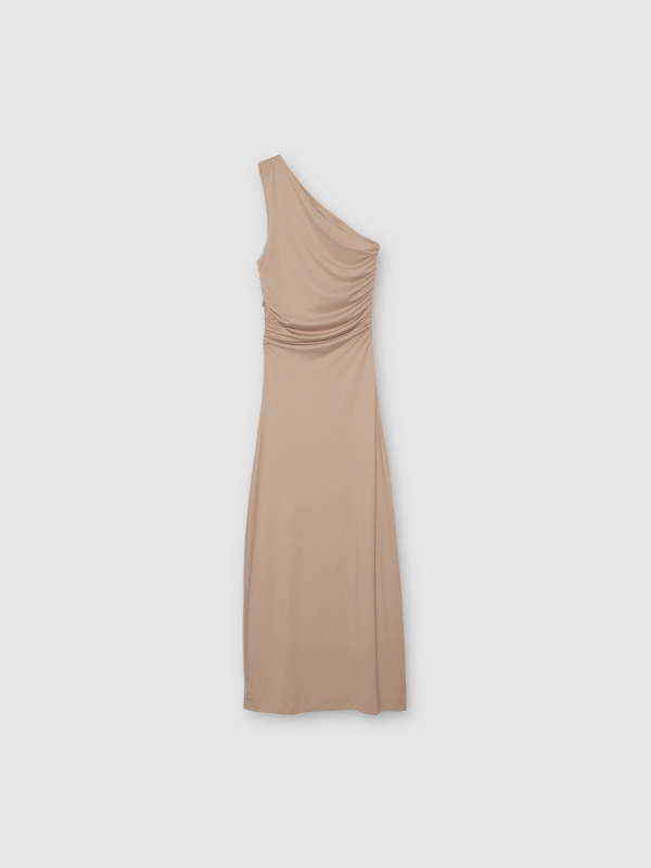 Vestido maxi asimétrico y fruncido taupe vista detalle