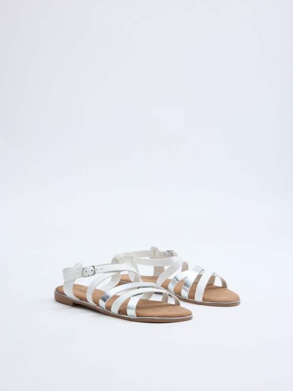 Sandalias tiras blanco y plateado blanco vista frontal 45º
