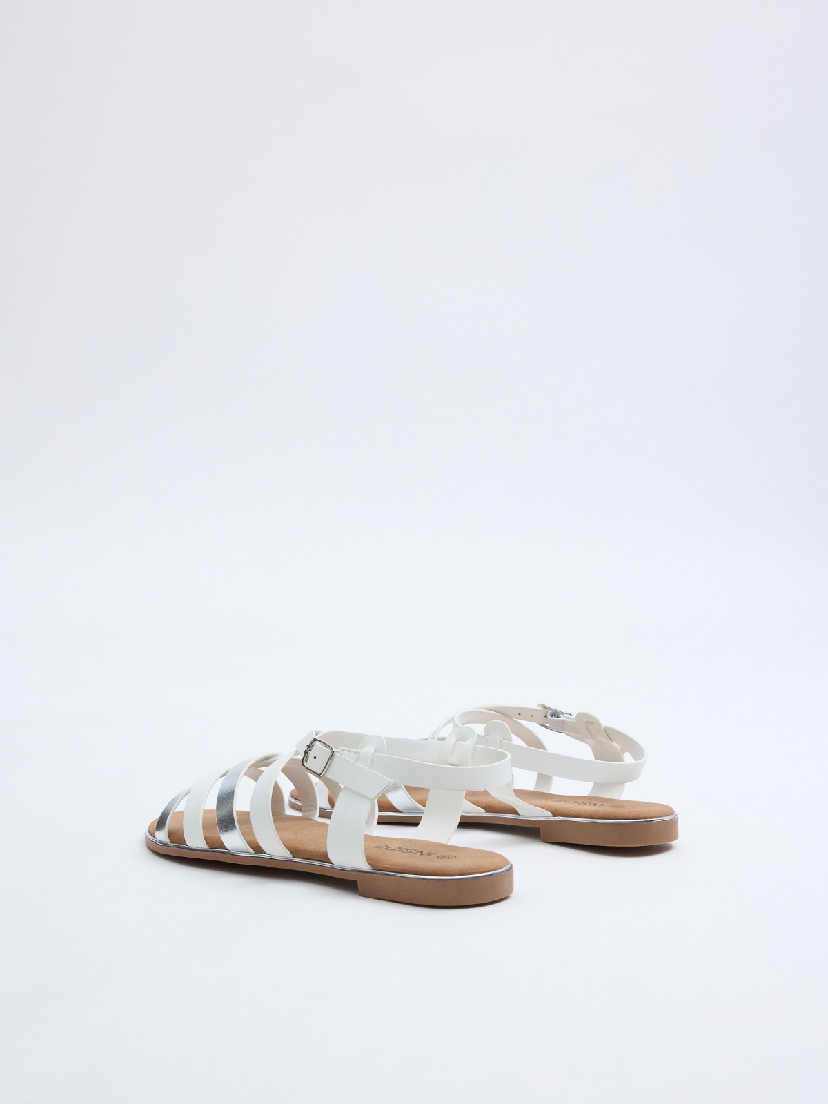 White and silver strap sandals white 45º back view