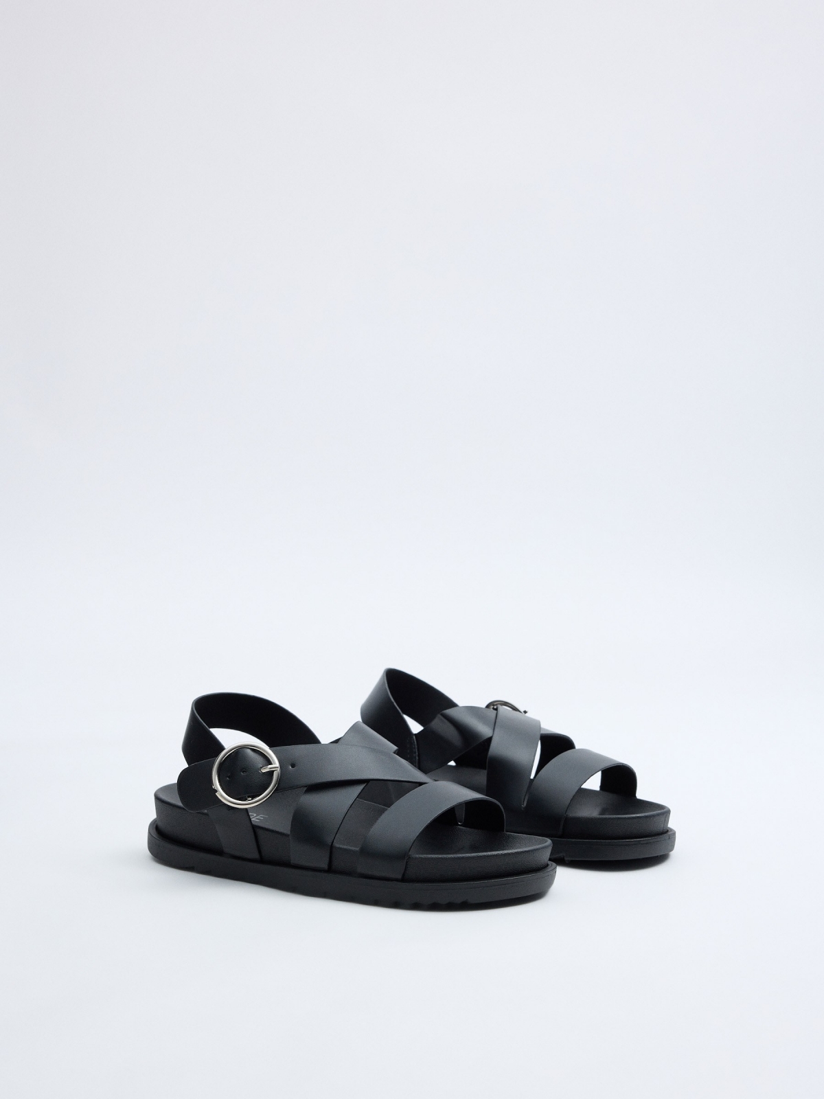 Black faux leather cross sandals black 45º front view