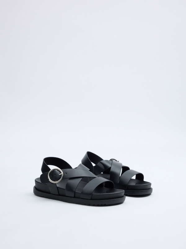 Sandalias cruzadas polipiel negro negro vista frontal 45º