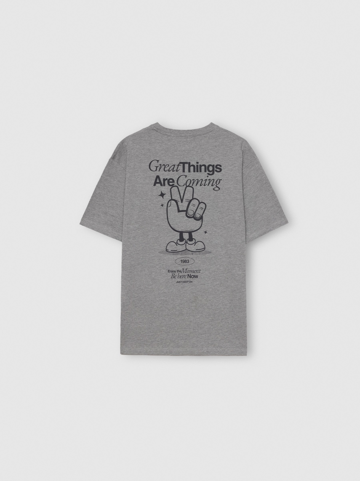 Camiseta Grandes Coisas melange meio vista detalhe