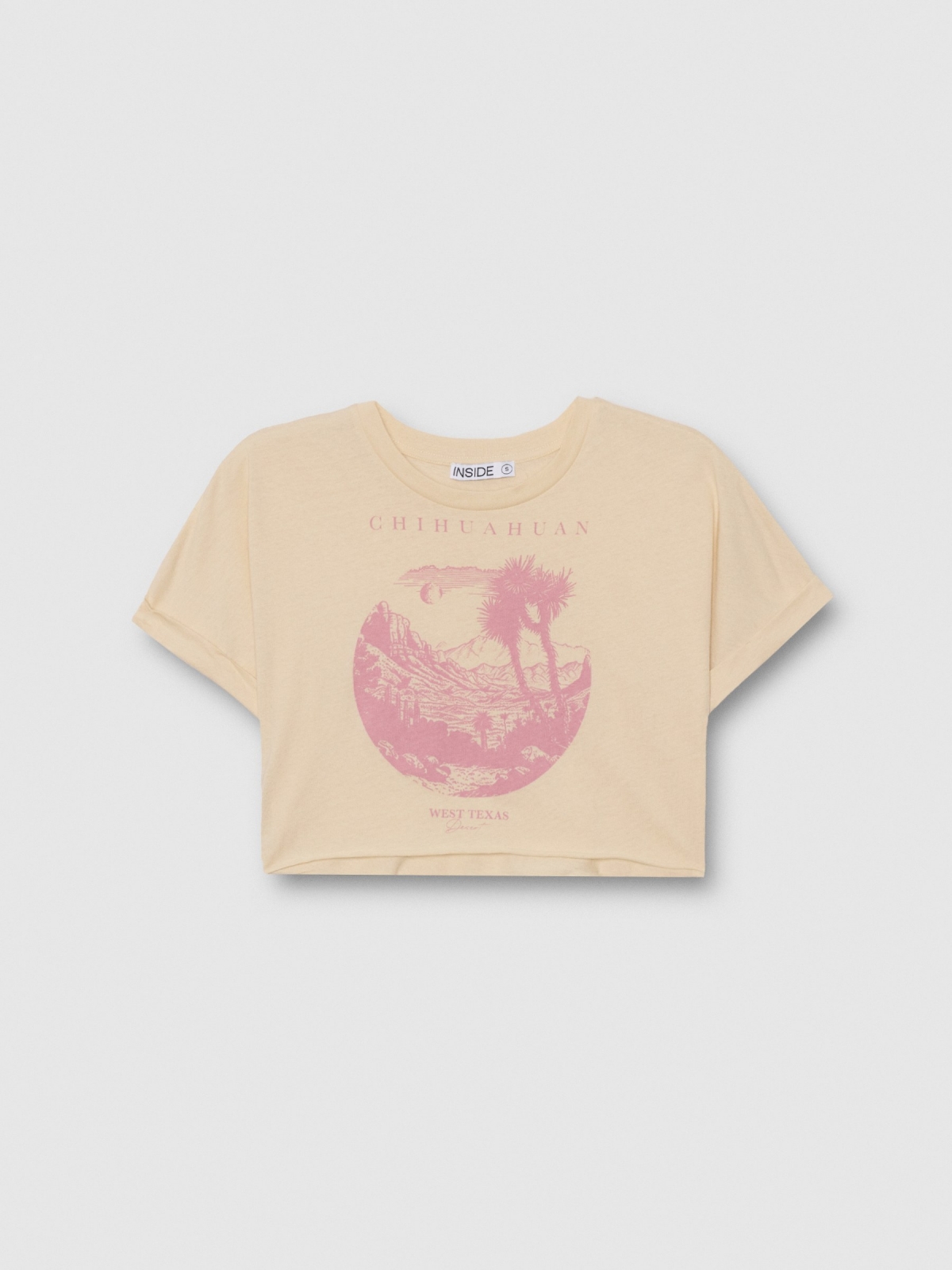 Camiseta cropped Chihuahuan areia vista detalhe