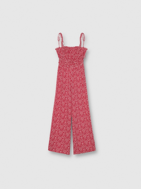 Long floral jumpsuit deep red detail view