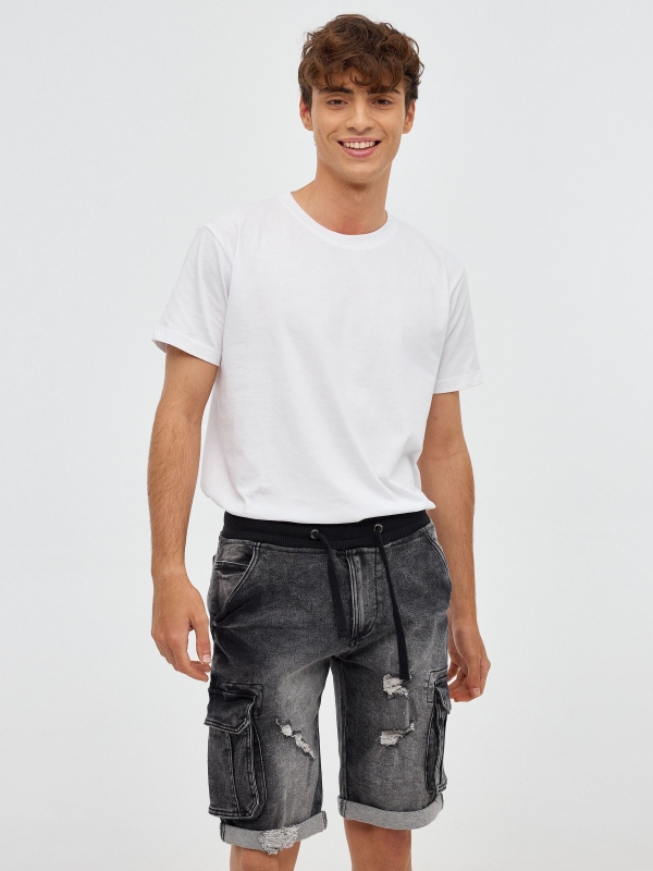 Black denim cargo black middle front view