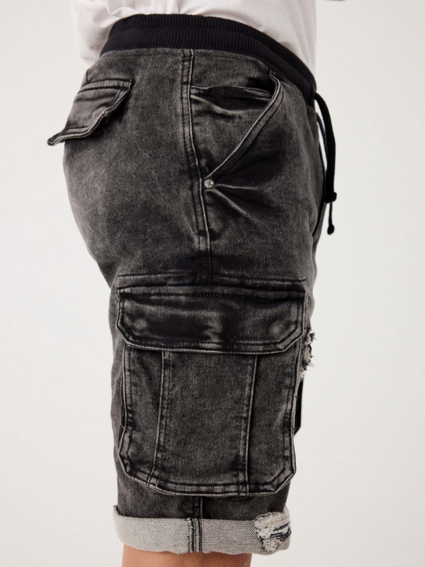 Black denim cargo black detail view