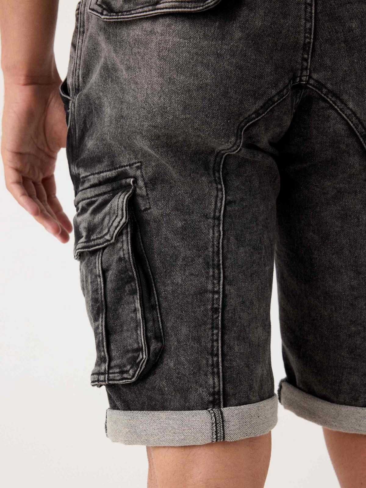 Black denim cargo black detail view