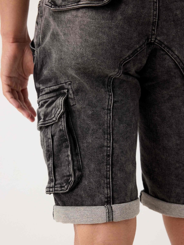Black denim cargo black detail view