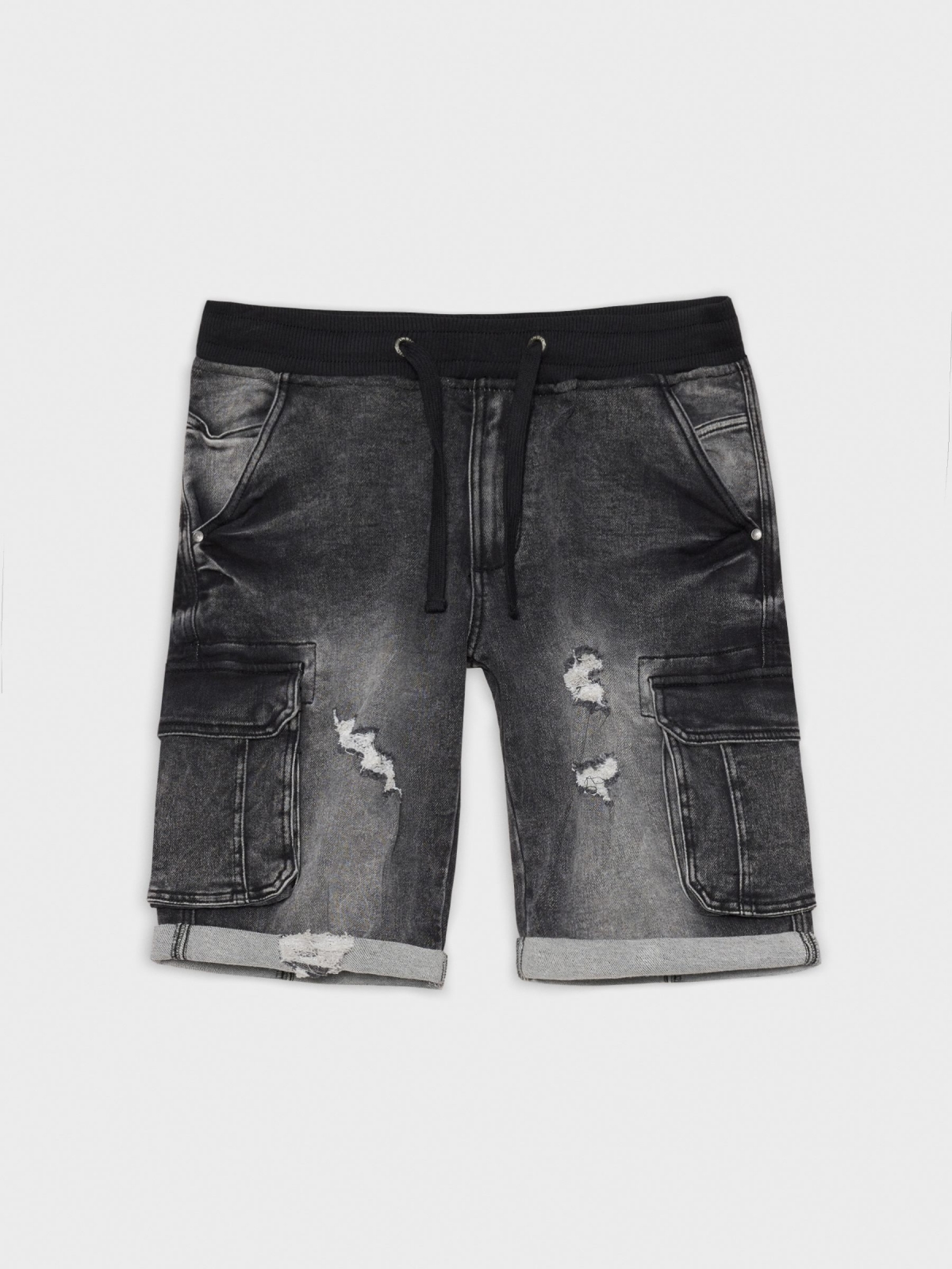 Black denim cargo black detail view