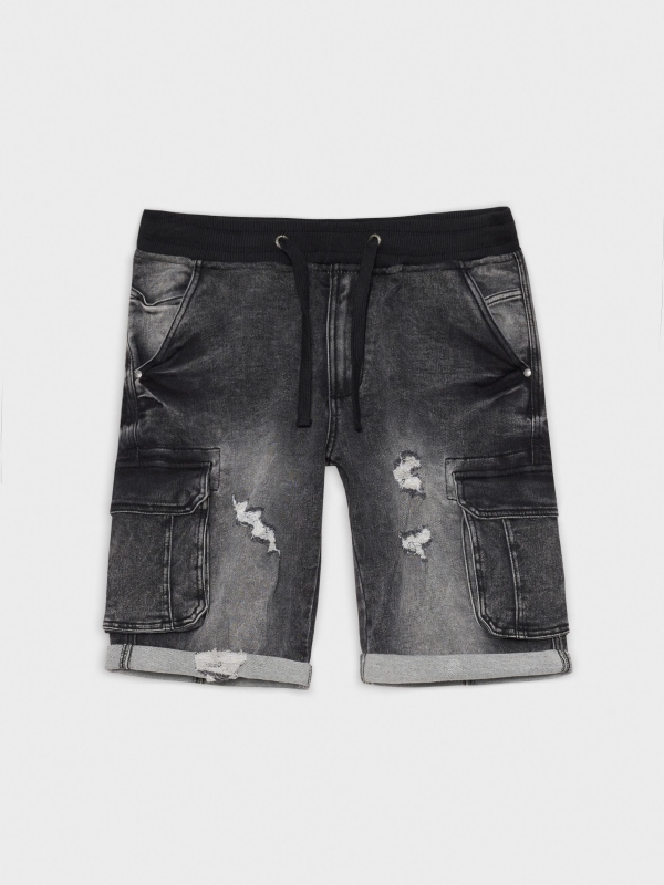 Black denim cargo black detail view