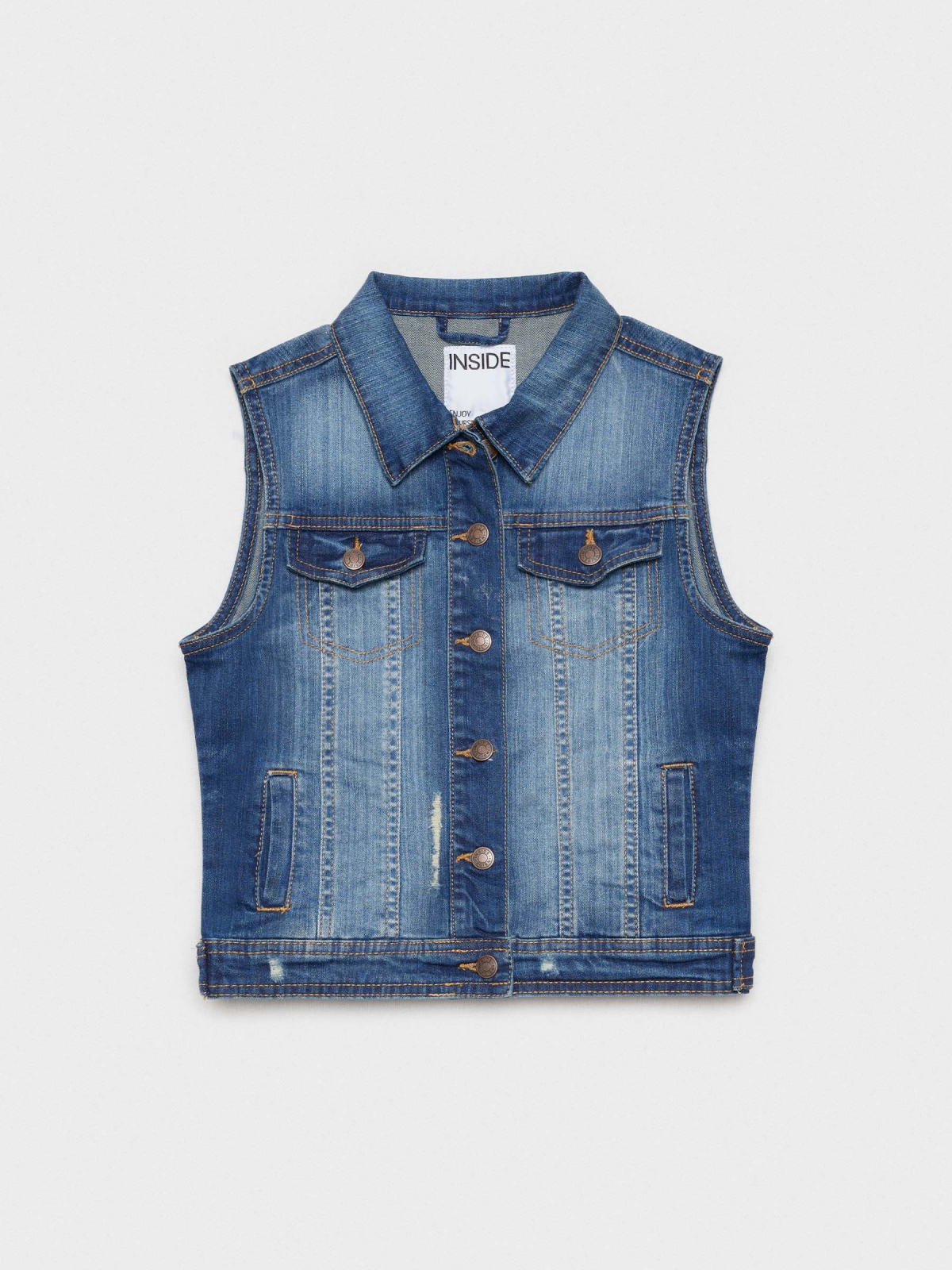 Colete denim lavado azul vista detalhe