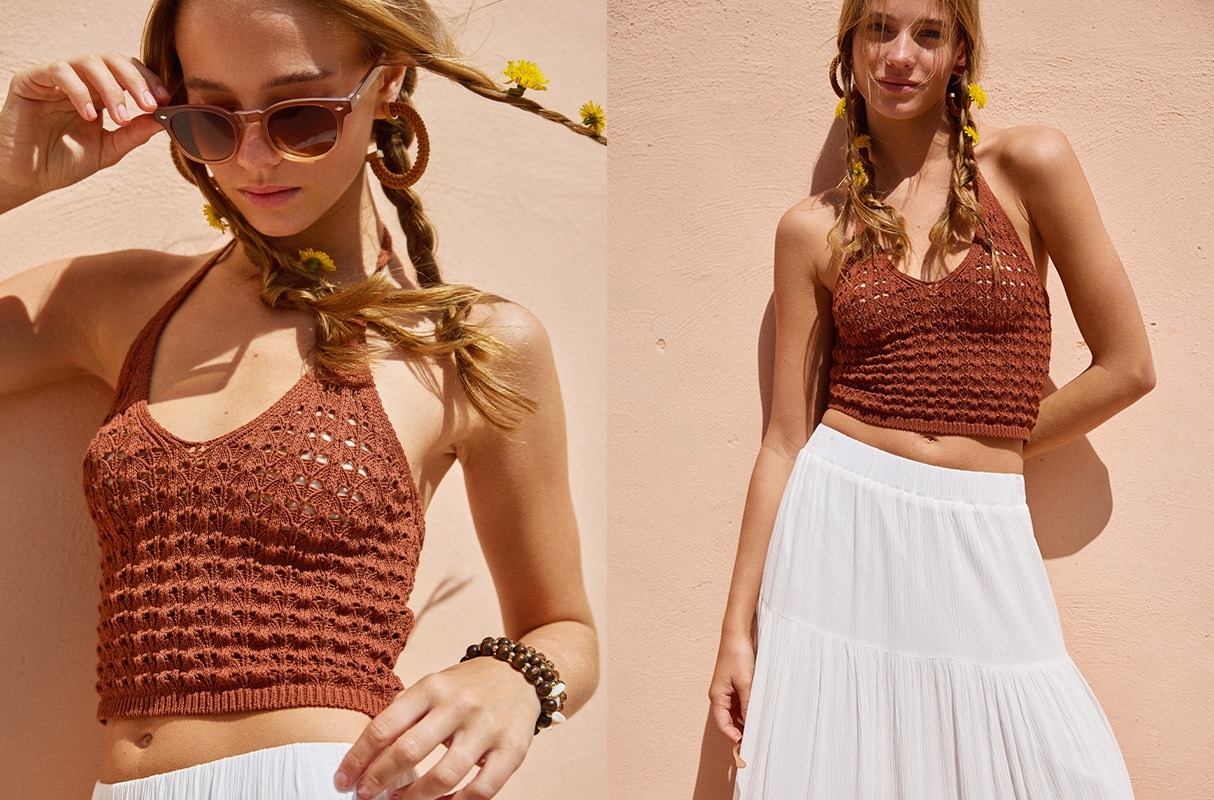 Top anudado crochet marrón vista media frontal