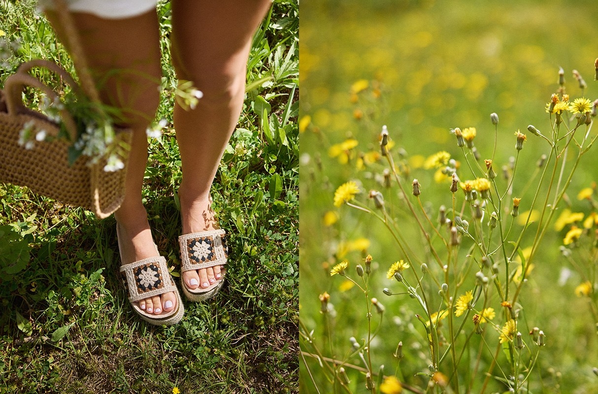 Crochet flower platform sandals sand profile view