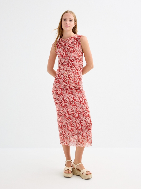 Vestido midi  estampado azul teja vista tres cuartos frontal