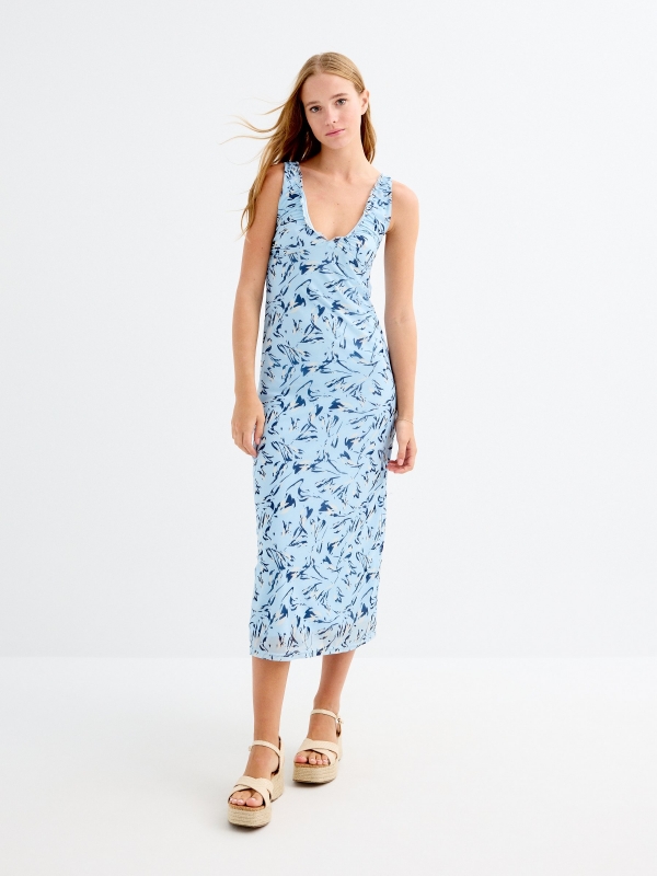 Vestido midi  floral teja azul claro vista tres cuartos frontal