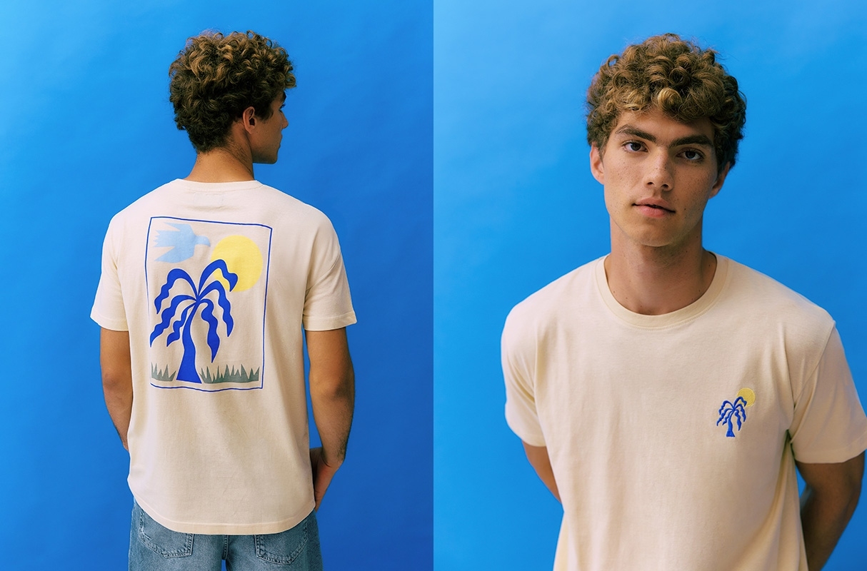 Camiseta palmeira areia vista meia frontal