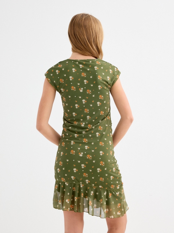 Vestido corto floral kaki vista tres cuartos trasera
