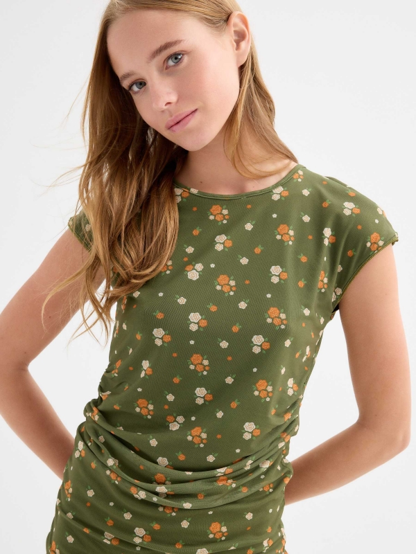 Floral short dress khaki back detail view