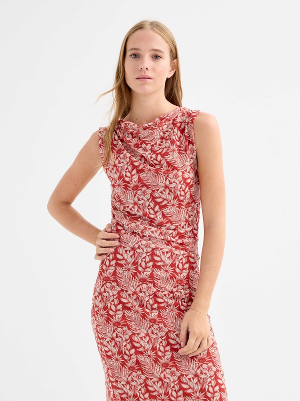 Blue printed midi dress brick red general front view