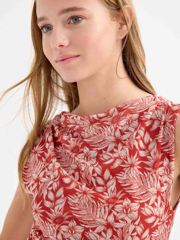 Vestido midi  estampado azul teja vista detalle frontal