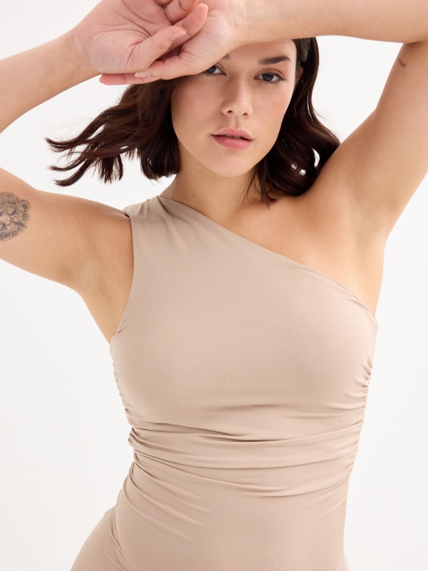 Asymmetric ruched maxi dress taupe detail view