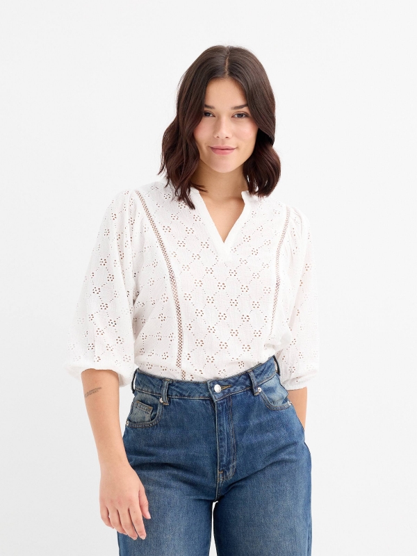 White Swiss embroidery t-shirt white middle front view
